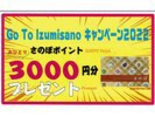 【期間限定】Go To Izumisanoキャンペーン！お一人様3，000円分ポイント付（朝食付き）